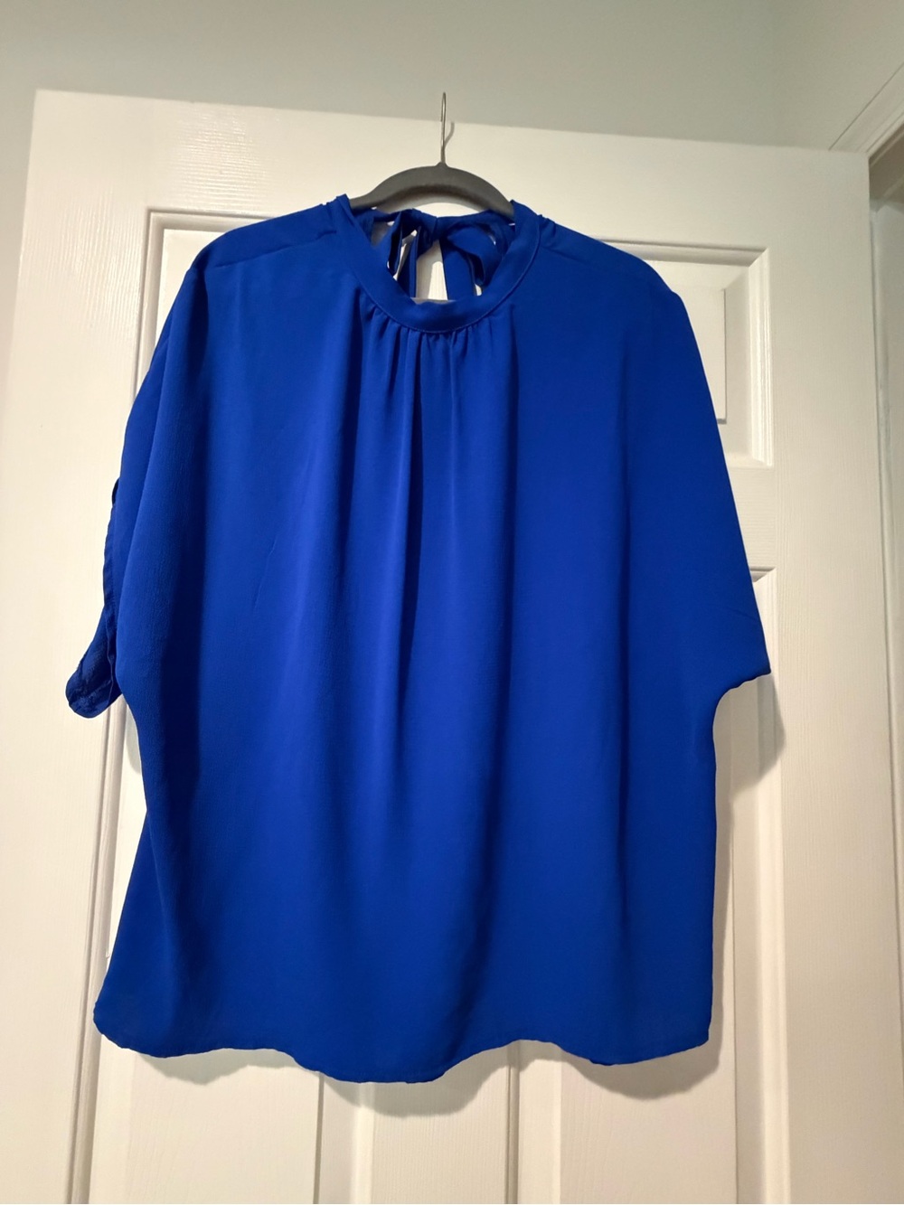 Cobalt Blue Tie Neck Blouse | Flowy Draped Top XL